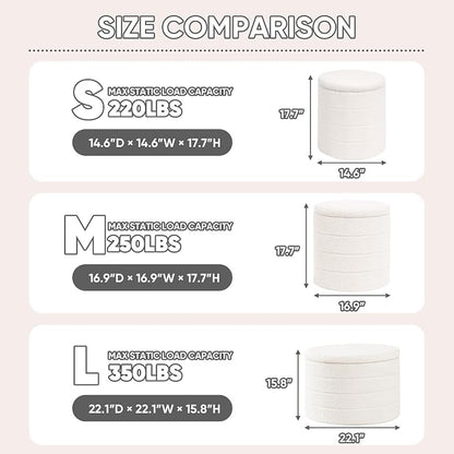PINPLUS Round Storage Ottoman Foot Rest Stool with Tray Velvet Sherpa Folding Storage Ottoman,Boucle Foot Rest for Living Room, Bedroom, Dorm,White Color
