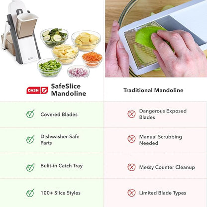 Dash Safe Slice® Mandoline - Compact, Foldable Food Slicer - Slice, Dice, Julienne & More - Perfect for Quick Food Prep - Recipe Guide Included - Aqua