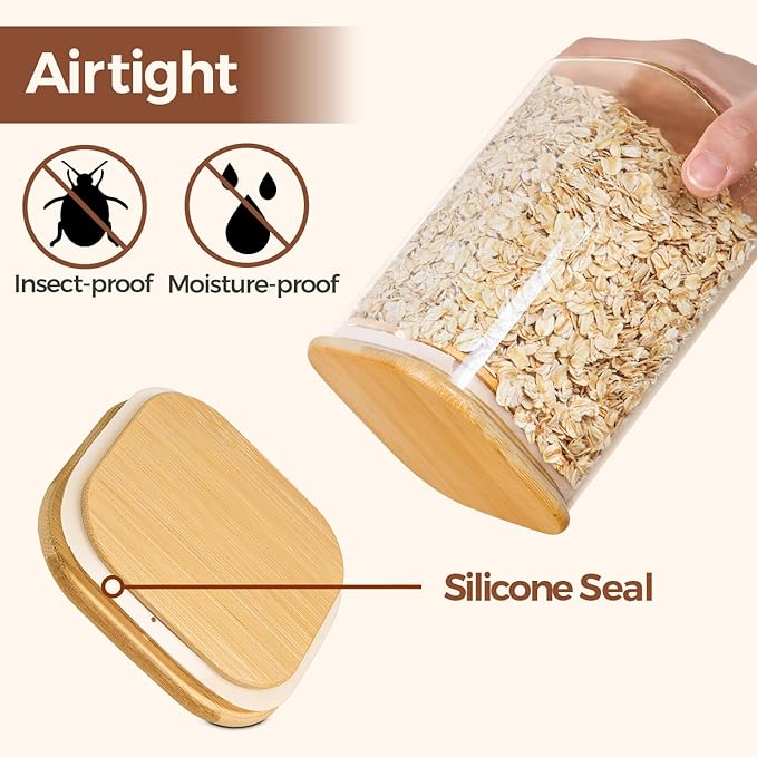 ComSaf 1.6 Qt Square Glass Jars with Bamboo Lids Set of 3, Space-Saving Glass Pantry Storage Containers, Airtight Clear Glass Storage Containers with Wide 3.9" Mouth for Coffee, Sugar, Short Pasta