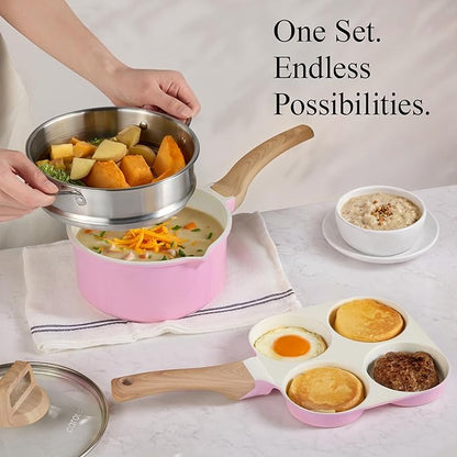 CAROTE 21 PCS Ceramic Cookware Set, Pots and Pans Set Non Stick, Pot and Pan Set with Frying pan, Induction Ready Cooking Set for Kitchen, PFOS/PFOA/PFAS Free, Pink