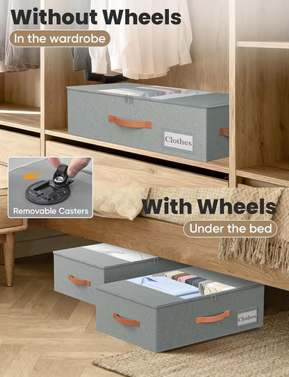 TOSKING 2-Pack Under Bed Storage Bins with Wheels, 4 Vacuum Bags, Heavy Duty 80 lbs, 7.9" Height, 47L Clear Lid Organizer, Space Saver for Dorm Bedroom Clothes Shoes Toys, Quick Assembly, Gray