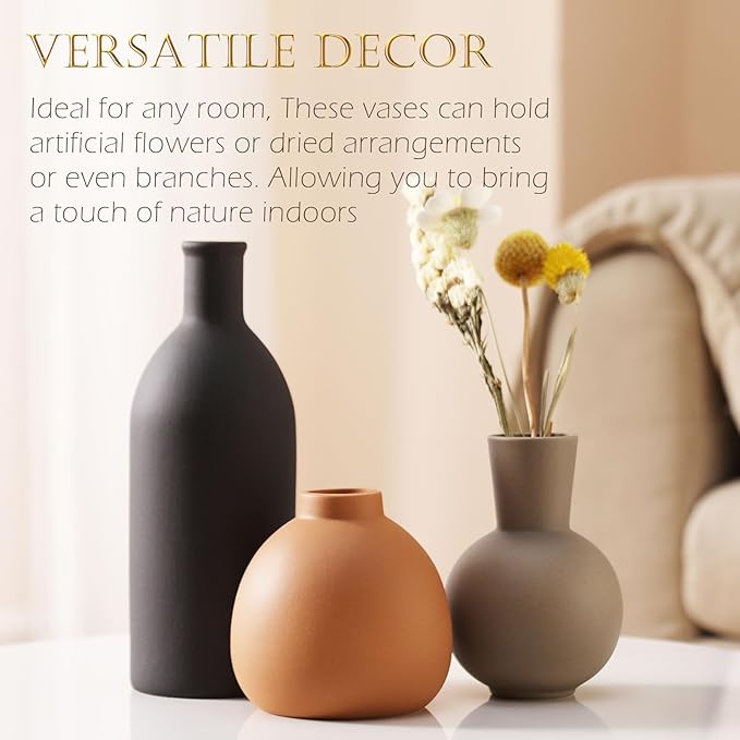 Ceramic Vase Set of 3 - Handcrafted Ceramic Vases for Home Decor & Shelf - Modern Farmhouse Decor for Kitchen, Office, Bedroom & Living Room Decorative Objects for Mantel, Table Centerpieces