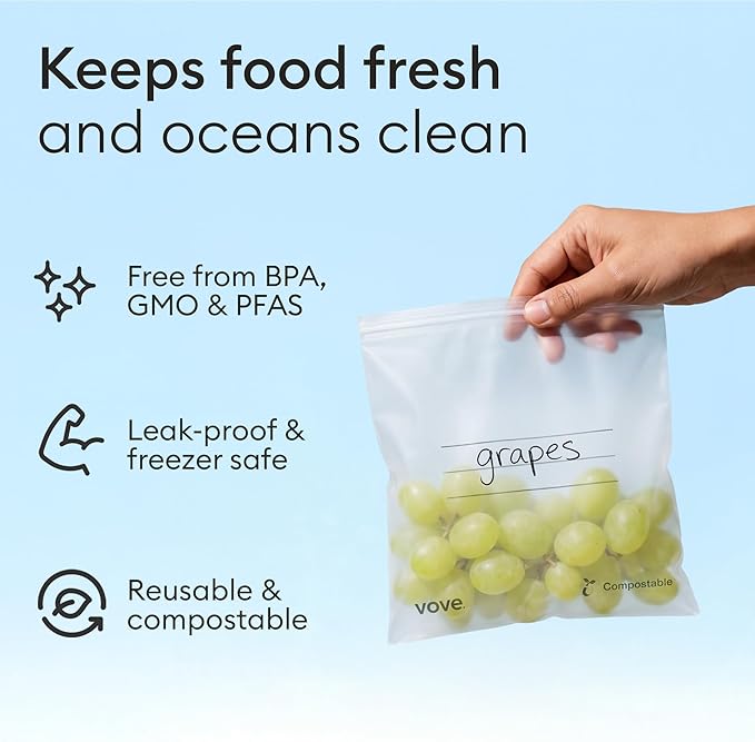 Vove Compostable Gallon Bags 30 Ct – PFAS-Free, BPI Certified, Freezer Safe with Airtight Seal for Meal Prep & Bulk Storage, Plant-Based