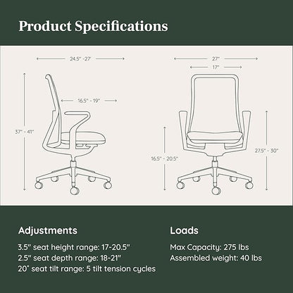 Branch Verve Chair - High Performance Executive Office Chair with Contoured Back and Adjustable Lumbar Support - High Density Foam Cushion and 3D Knit Back - Fits 5' to 6', Up to 275 lbs, Mint