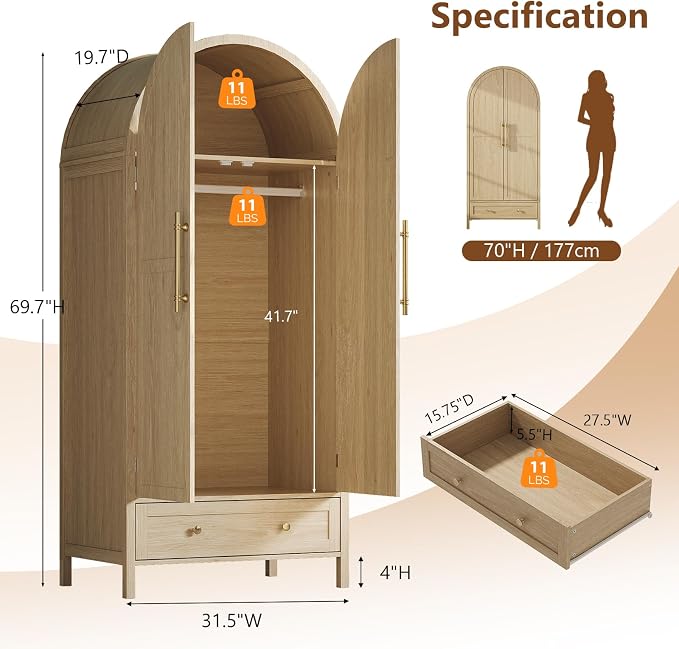 VINGLI Arched Wardrobe Closet Armoire with Drawer, 70" Tall Wooden Wardrobe Closet,Clothing Storage Cabinet, Large Capacity Storage, Natural Oak
