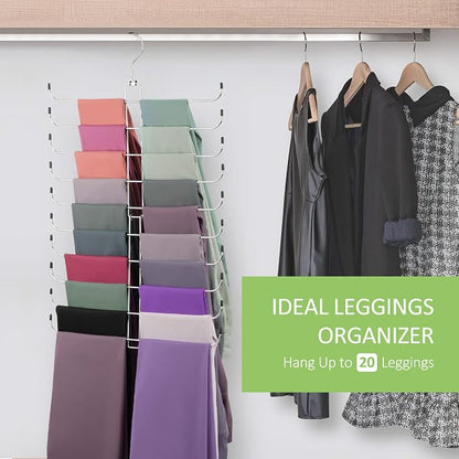 2 Pack Legging Hanger, Metal Hanging Legging Hangers for Closet Organizer Holds 40 Women's XS-XL & Girls' Leggings, 360° Rotating Foldable Yoga Pants Hangers Space Saving, Silver