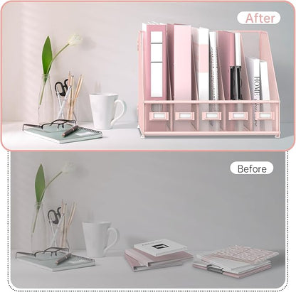 SUPEASY Desk Organizers Metal Desk Magazine File Holder with 5 Vertical Compartments Rack File Organizer for Office Desktop, Classroom, Home Workspace, Pink Plus