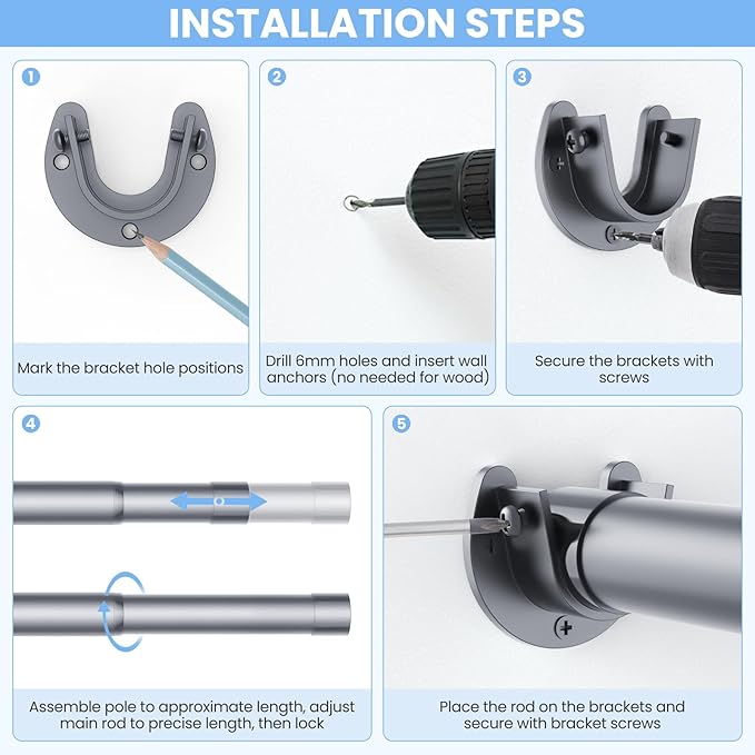 Closet Rods for Hanging Clothes, 17 to 99 Inches No-Cut Stepless Adjustable Closet Rod, 1.3 Inches Expandable Metal Heavy Duty Closet Hanging Rod for Closet Wardrobe Bathroom Laundry RV, Silver