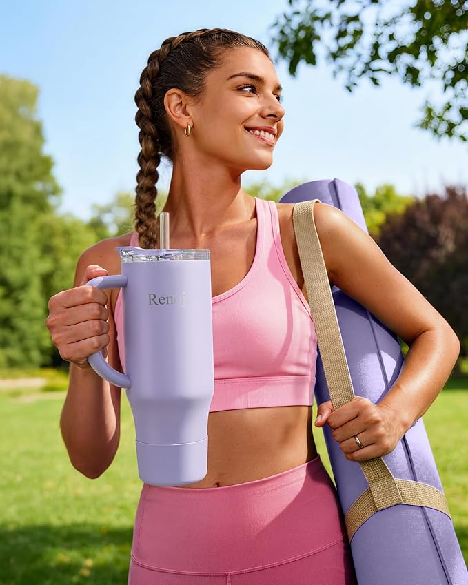 Renoj Tumbler with Handle 100% Leak Proof Insulated Water Bottle for Iced Coffee & Hot Drinks - Fits Car Cup Holder, Ideal Gift, 2 Straws & Silicone Boot BPA-Free - SnapShift Blue 32 oz