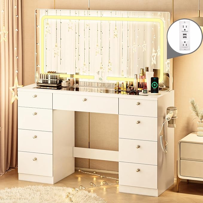 46 INCH Makeup Vanity Desk with Mirror - Glass Tabletop Vanity Table with Lights, Drawers, Power Outlet, Large Storage Desk for Bedroom, White