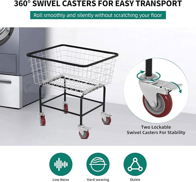Wire Laundry Cart with Wheels, 2.5 Bushel Rolling Laundry Basket, Commercial Basket Carts for Laundry Room, Hotel, Home, Apartment Use, Durable Steel Frame with Galvanized Finish, 5" Casters