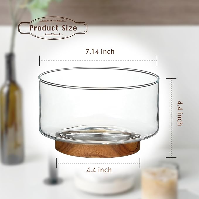 Coffee Pod Holder, Glass Salad Bowl with Acacia Wood Base, Large Capacity K Cup Organizer for Kcup Creamer Storage, Espresso Capsule Holder Coffee Bar Accessories（ 7 Inch，1 Pack ）