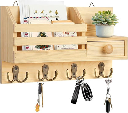 Key Holder Wall Mount, Wooden Adhesive Mail and Key Organizer with Drawer, Small Shelf, 8 Hooks, 2 Installation Methods, Natural