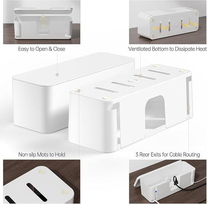 YECAYE 2 Pack Cable Management Box, Pet Friendly Cord Organizer Box for Home & Office, Child-Proof Cable and Power Strip Protector Box, Wire Hider and Cord Organizer for Desk, White