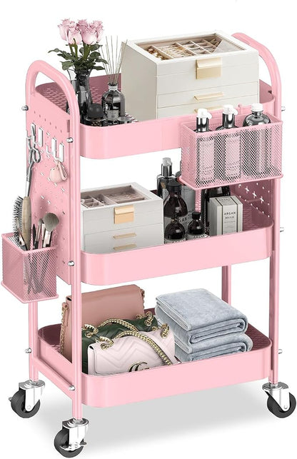 ALVOROG 3 Tier Rolling Cart with DIY Pegboards Metal Utility Cart with Wheels Handles Baskets Hooks, Craft Cart for Office Kitchen Bathroom(Cherry Blossom Pink)