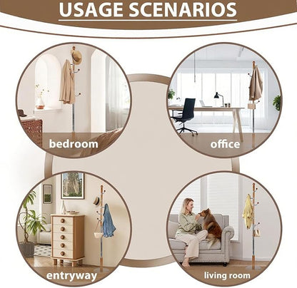 Solid Wooden Coat Rack Stand, Coat Racks Freestanding with 6 Hooks, Natural Birch Wood Coat stands with Sturdy Round Base, Tree Coat Hanger Standing for Entryway Bedroom Office (Cherry)