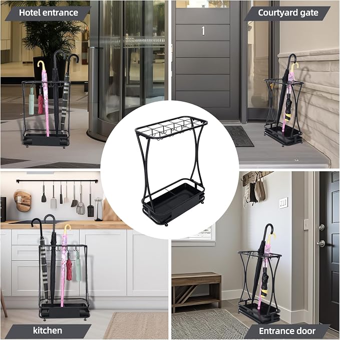 15 Slot Umbrella Stand with 8 Hooks – Heavy Duty Metal Indoor Umbrella Rack Holder with Removable Drip Tray – Large Commercial Entryway Organizer for Office, Lobby or Home