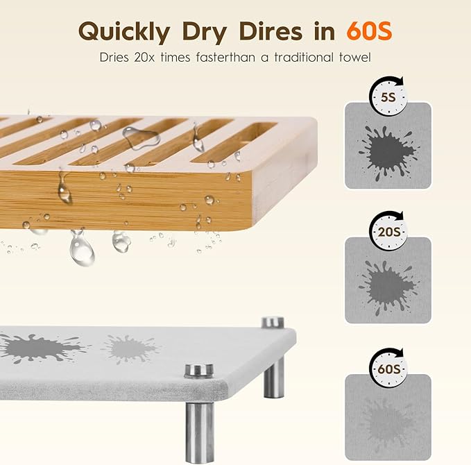 Stone Dish Drying Mats for Kitchen Counter,Dirt-Resistant Quick Dry Absorbent Diatomaceous Earth Dish Drying Mat with Bamboo Rack,Non-Slip Pads & Anti-Moisture Design