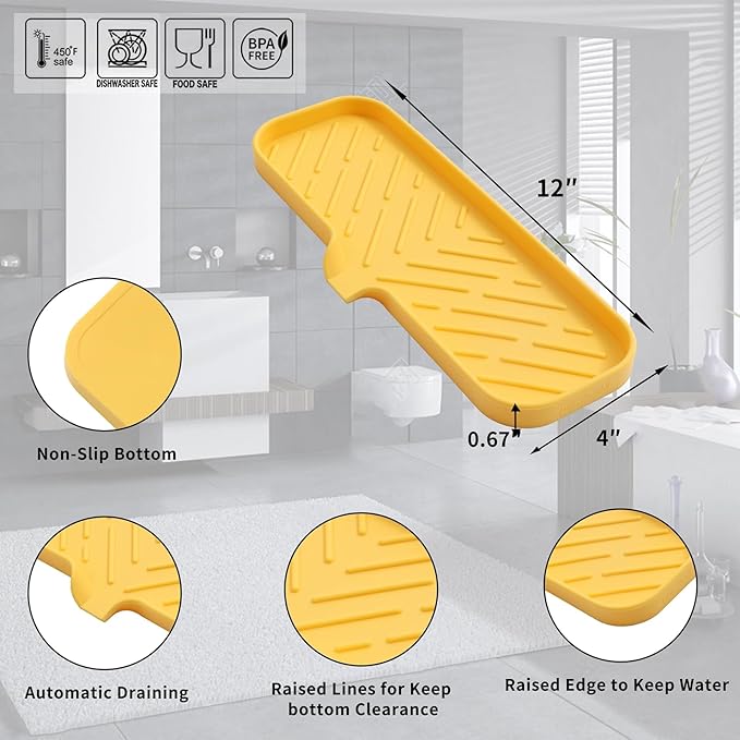 MicoYang Silicone Soap Dish with Drain Spout — Self-Draining Double Sink Organizer Tray for Kitchen & Bathroom, Dispensers, Sponges & Soap Holder, Non-Slip & Dishwasher Safe, Yellow (Large, 12"×4")