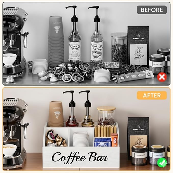 Coffee Station Organizer for Countertop – Wooden Coffee Bar Organizer with Adjustable Dividers,Holds K Cup Pod & syrup bottles, for Kitchen, Office, or Bar and Tea Station, White
