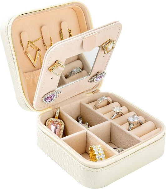KElofoN Travel jewelry case Travel jewelry box Travel Jewelry Organizer Small Jewelry Organizer Box Gift for Girls Women with Mirror(White)