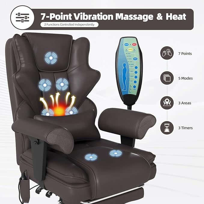 7-Point Massage Office Chair,Heated Manageral Chair,Ergonomic Executive Chair with Footrest,Adjustable Armrest，Computer Chair for Offices, Study Areas, Gaming Spaces,Brown