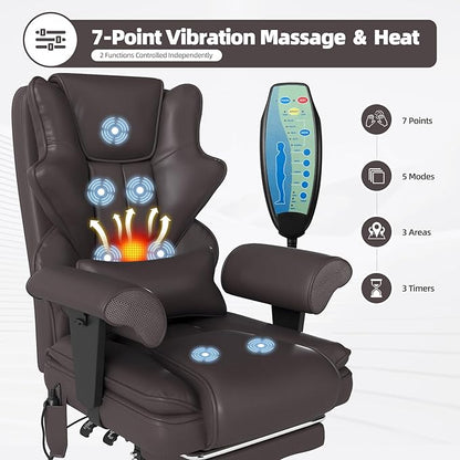 7-Point Massage Office Chair,Heated Manageral Chair,Ergonomic Executive Chair with Footrest,Adjustable Armrest，Computer Chair for Offices, Study Areas, Gaming Spaces,Brown