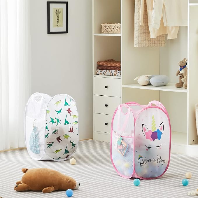 TECHMILLY Collapsible Mesh Pop Up Laundry Hamper with Sturdy Handles and Side Pocket - Portable Foldable Clothes Baskets for Dorm, Bathroom & Travel Storage (Unicorn)