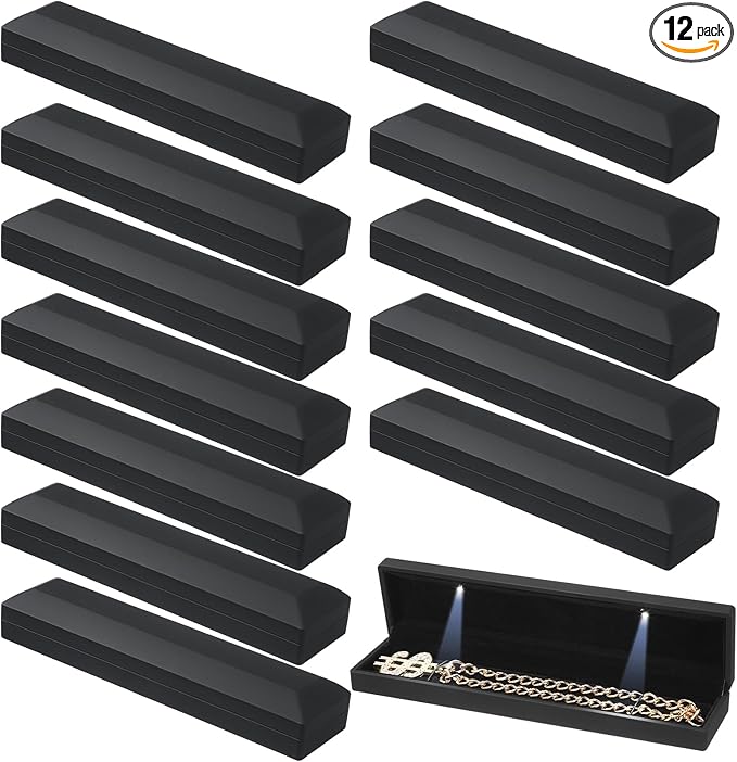Yinkin 12 Pcs Black Velvet Jewelry Boxes LED Light Display Ring Necklace Bracelet Chain Gift Box Bulk Wedding Proposal Anniversary (Long Chain Box,Rectangular)