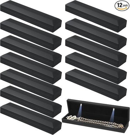 Yinkin 12 Pcs Black Velvet Jewelry Boxes LED Light Display Ring Necklace Bracelet Chain Gift Box Bulk Wedding Proposal Anniversary (Long Chain Box,Rectangular)