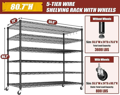 PrimeZone 6 Tier 80.7" H x 55.5" W x 24" D Wire Shelving with Wheels 3600lbs NSF Certified Storage Shelves Heavy Duty Metal Shelf Adjustable Rolling Rack Commercial Garage Restaurant Warehouse 6Pack