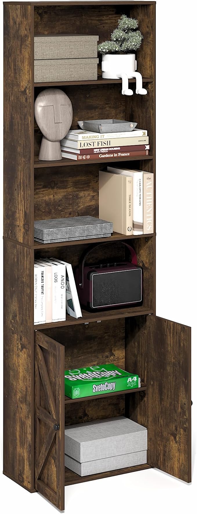 Furinno Jensen Book Shelf, 6-Tier Farmhouse Bookshelf, Display Bookcase with Doors, 9.2" x 21.6" x 71.2", for Organization and Storage, for Living Room, Bedroom, Home Office, Amber Pine