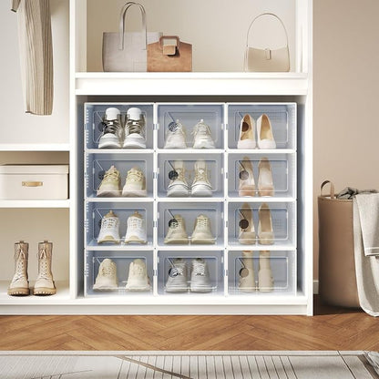 Sweetcrispy Shoe Storage Boxes, Clear Plastic Stackable Shoe Rack Organizer with Lids for Closet, Foldable Sneaker Container, Under Bed and Entryway, 12 Pack, Clear White