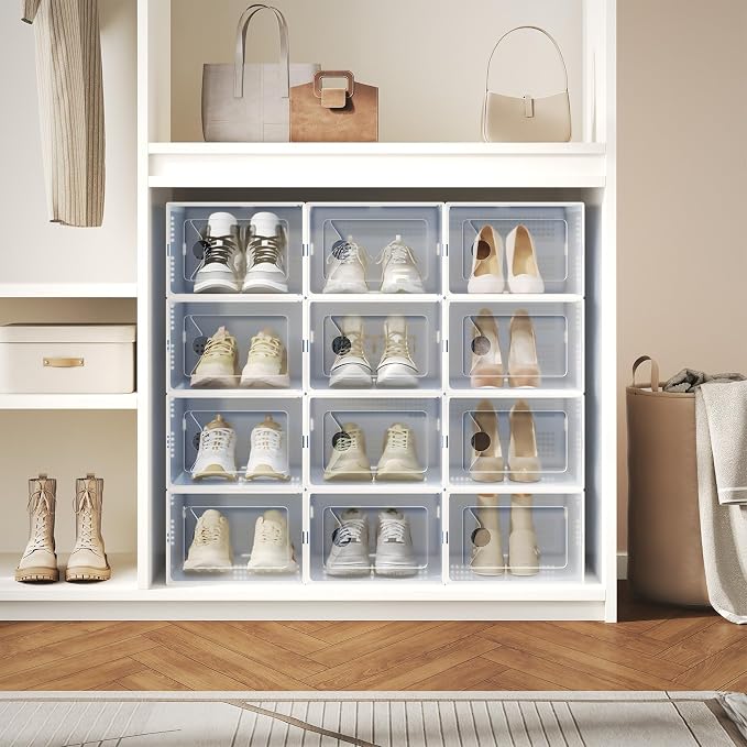 Sweetcrispy Shoe Storage Boxes, Clear Plastic Stackable Shoe Rack Organizer with Lids for Closet, Foldable Sneaker Container, Under Bed and Entryway, 15 Pack, Clear White