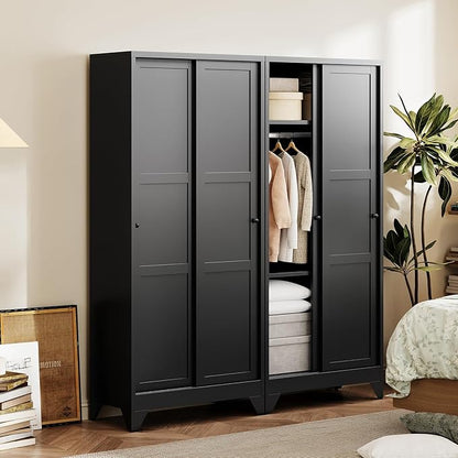 Letaya Metal Sliding Door Wardrobe Cabinets,68" Tall Armoire Wardrobe Closet with Sliding Doors and Shelves,Narrow Slim Coat Closet Cabinet with Hanging Rod,Space Saving for Home (Black)