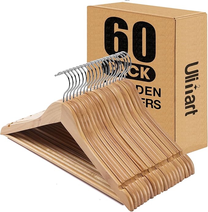 Wooden Hangers 60 Pack,Wood Hanger,Solid Shirt Hangers with Pants Bar,Heavy Duty & Slim Coat Hanger,for Suit Coat Jacket Pants（Natural）