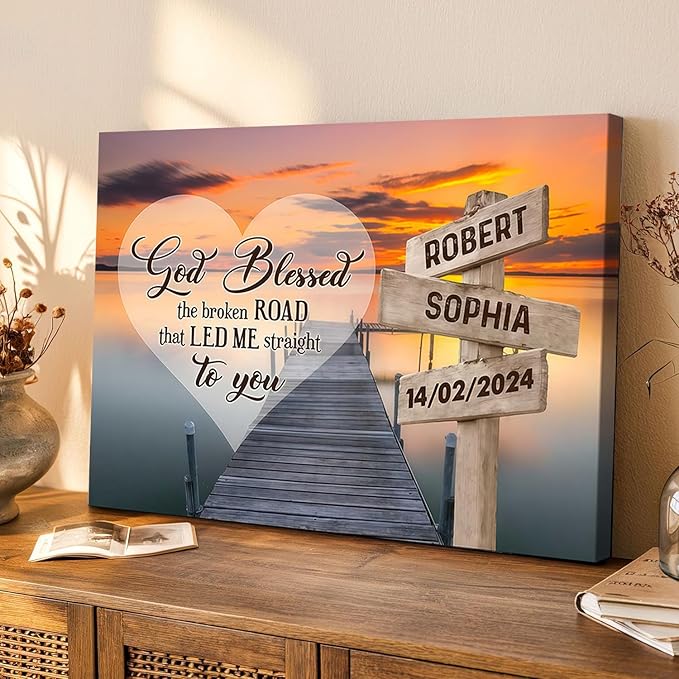 Love Signal Personalized Couple Canvas Wall Art, Custom Valentines Day, Anniversary, Wedding, Birthday Gift for Couples, Husband, Wife Customizable Name and Photo Wall Decor for Bedroom Living Room
