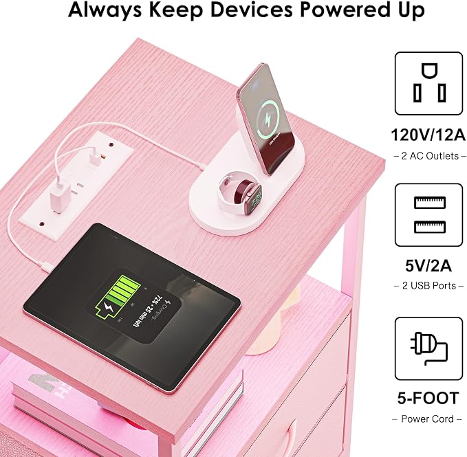 Fixwal Night Stand with Charging Station, LED Nightstand with U-S-B Ports and Outlets, 2 Fabric Storage Drawers with PU Finish, Small Bedside Table, Pink
