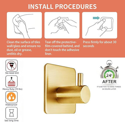 Gold Adhesive Towel Hooks Heavy Duty Stick on Wall Hooks Shower Hooks for Bathroom Kitchen Door-4 Packs