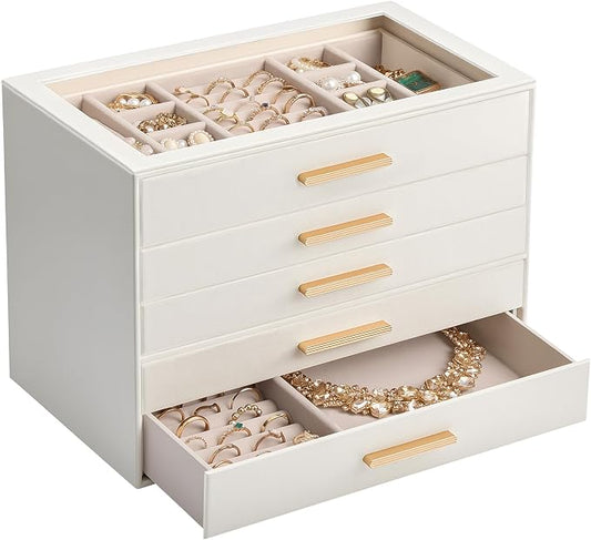 Lolalet Jewelry Box Organizer, 5-Layer Jewelry Organizers and Storage Case with Glass Lid, Ring Earring Bracelet Necklace Holder Organizer, Birthday Valentine Gifts for Women Girls -5Layer, Beige