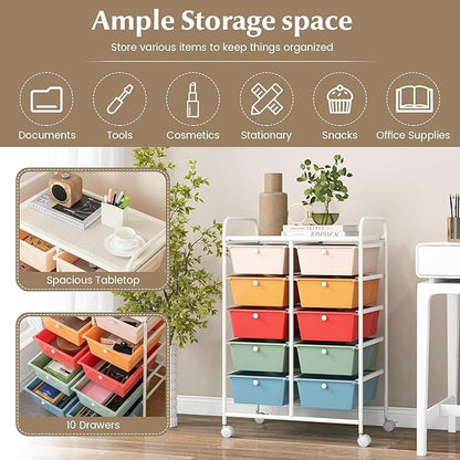 LDAILY 10 Drawer Rolling Cart, Storage Cart Organizer on Wheels, Drawer Cart with Metal Frame & Large Storage Capacity, Rolling Cart with Drawers for Living Room Classroom, Office