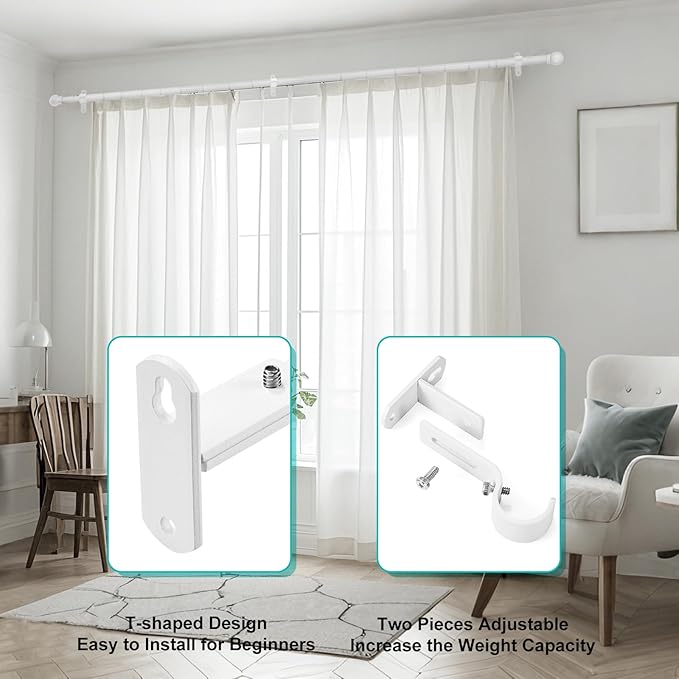Adjustable Curtain Rod Brackets, Metal Window Drapery Rod Hanger Holders Hooks for 1 inch Rods (White, Set of 3)