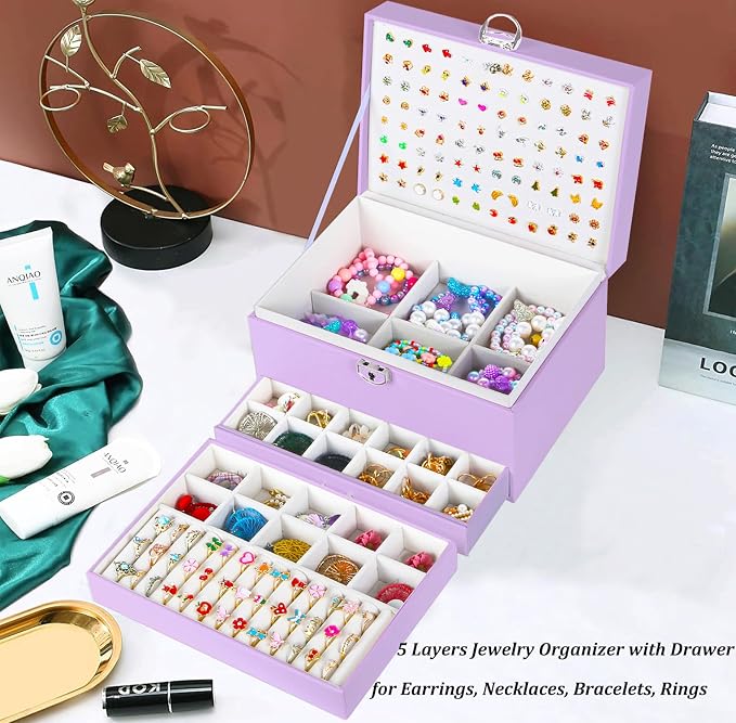 QBestry Earrings Jewelry Box for Girls, 5 Layers Jewelry Organizer with Earring Holder Organizer for Girls Earring Organizer Jewelry Boxes for Women Earrings and Necklaces Jewelry Box Organizer Violet