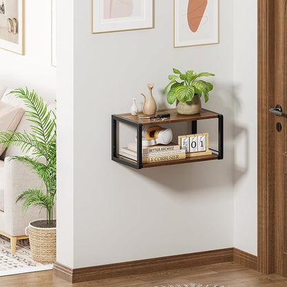 Floating Nightstand Set of 2, Wood Bedside Shelf Wall Mounted Nightstand with Heavy-Duty Frame, Floating Bedside Table for Bedroom, Bathroom, Kitchen, (Vintage Brown, 2 Pack)