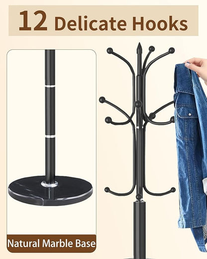 EZIVIEZ Modern Coat Rack Stand, Metal Freestanding Coat Rack with Natural Marble Base, Heavy-Duty Coat Racks with 12 Hooks,Black Coat Hanger Tree Stand for Office, Entryway, Hallway