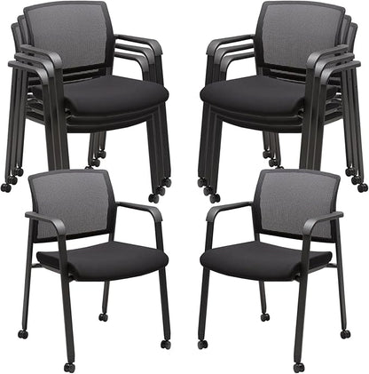 CLATINA Mesh Back Guest Reception Arm Chairs with Wheels, Waiting Room Chairs with Upholstered Fabric Seat and Ergonomic Lumbar Support for Office, 8PK