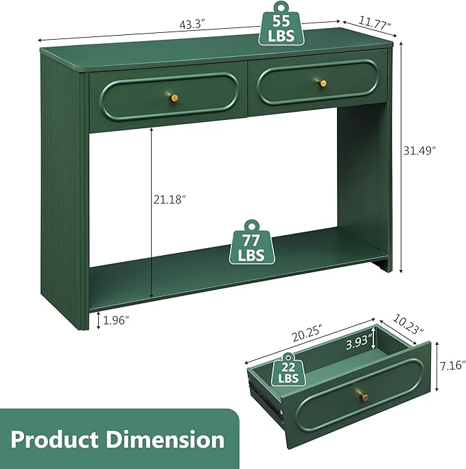 ORRD Fluted Console Table with Drawers, Mid-Century Narrow Entryway Table with Open Storage Shelves, Hallway Accent Tables Behind Couch Tables for Living Room (Green)