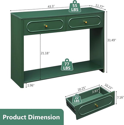 ORRD Fluted Console Table with Drawers, Mid-Century Narrow Entryway Table with Open Storage Shelves, Hallway Accent Tables Behind Couch Tables for Living Room (Green)