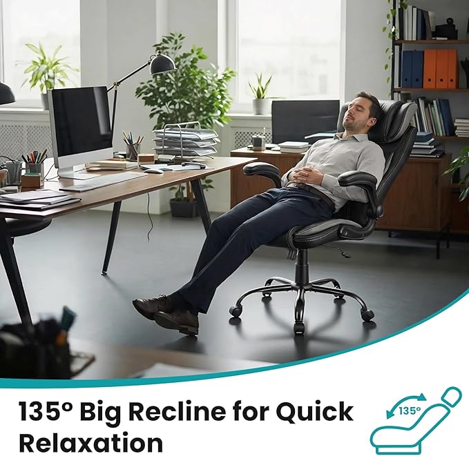 Big and Tall Executive Office Chair 400lbs for Heavy People, Ergonomic Computer Desk Chair with Lumbar Support & Adjustable Headrest, Comfy High Back Leather Office Chairs for Back Pain Relief, Grey