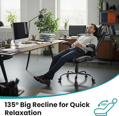 Big and Tall Executive Office Chair 400lbs for Heavy People, Ergonomic Computer Desk Chair with Lumbar Support & Adjustable Headrest, Comfy High Back Leather Office Chairs for Long Sitting, Grey